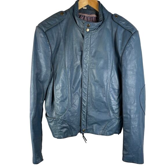 Vintage 1980’s Women’s Cropped Teal Leather Jacket with Epaulettes‎ Size 44 (XL) - Picture 1 of 14
